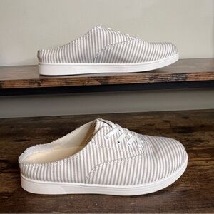 canvas mules slip on shoes‎ tan white stripes Spenco Santa Rosa women's 9